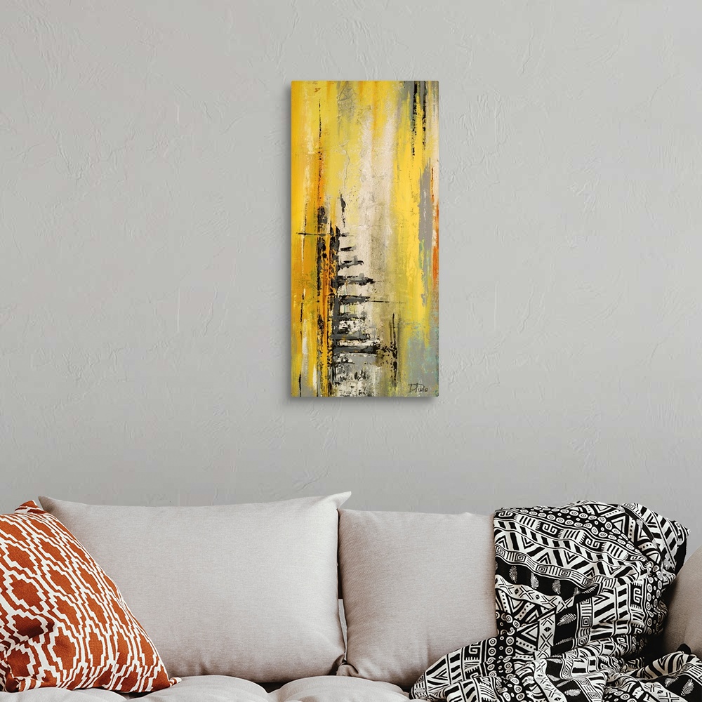 A bohemian room featuring Contemporary abstract painting using yellow tones mixed with gray in vertical streaking motions.