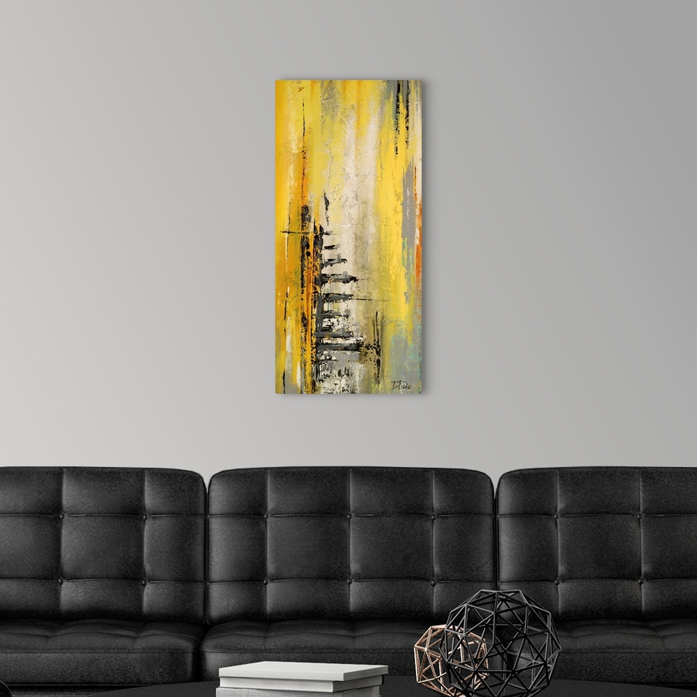 A modern room featuring Contemporary abstract painting using yellow tones mixed with gray in vertical streaking motions.