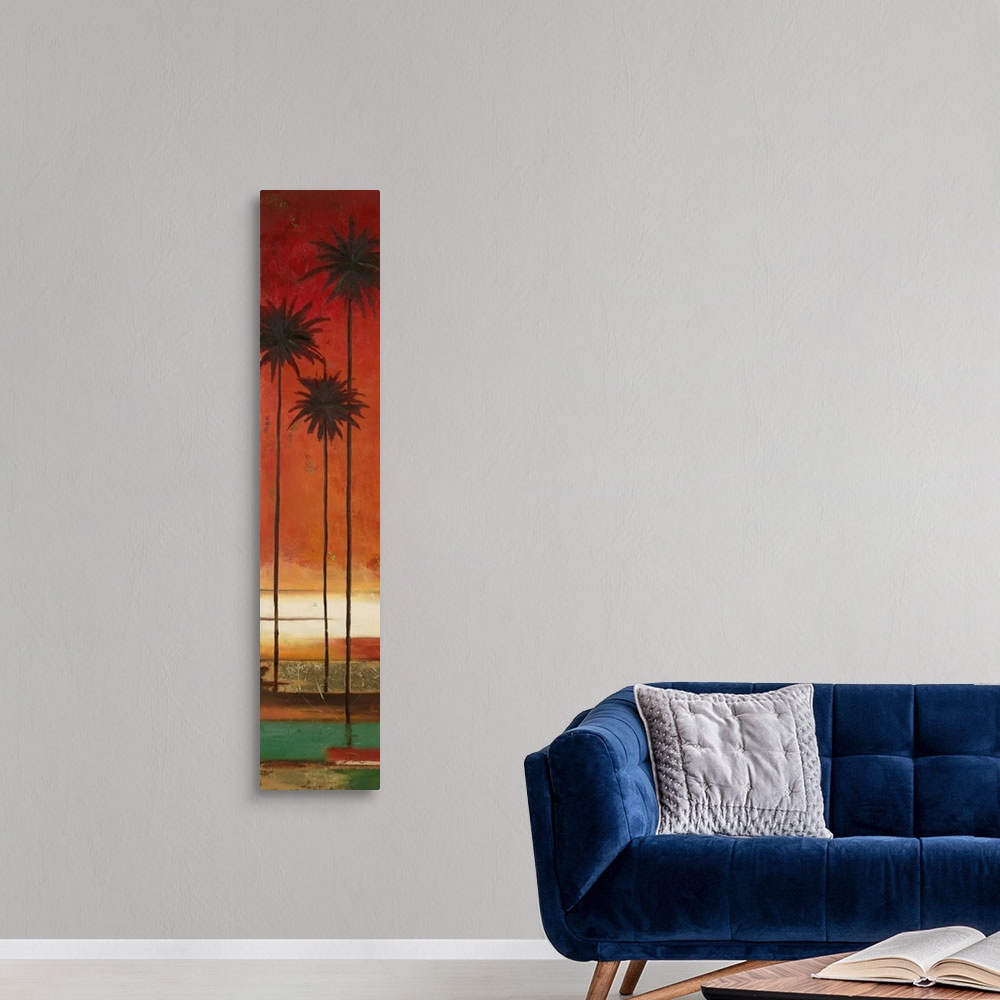 A modern room featuring A tall, skinny abstract painting of three palm trees with an orange sunset in the background.