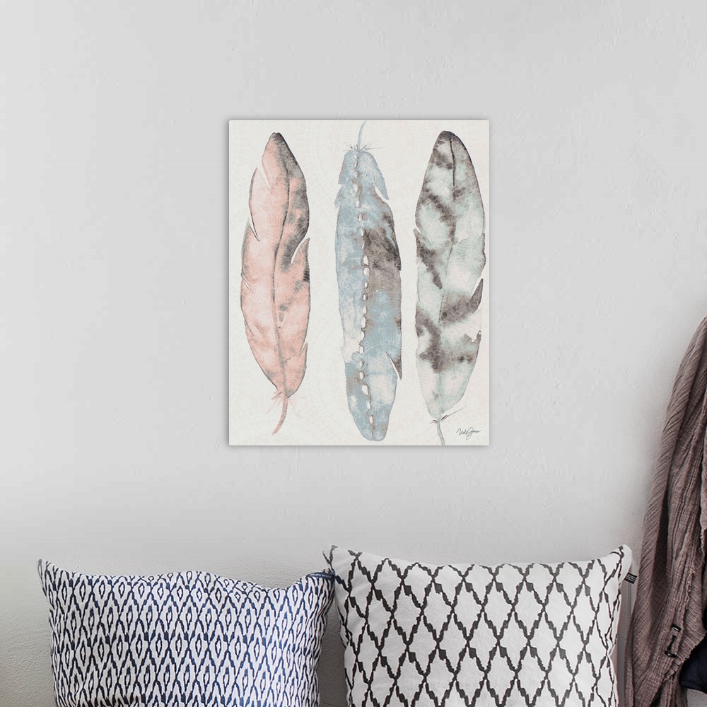A bohemian room featuring Watercolor painting of three feathers in muted shades of pink, blue, and grey.