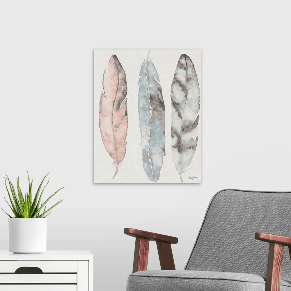 A modern room featuring Watercolor painting of three feathers in muted shades of pink, blue, and grey.