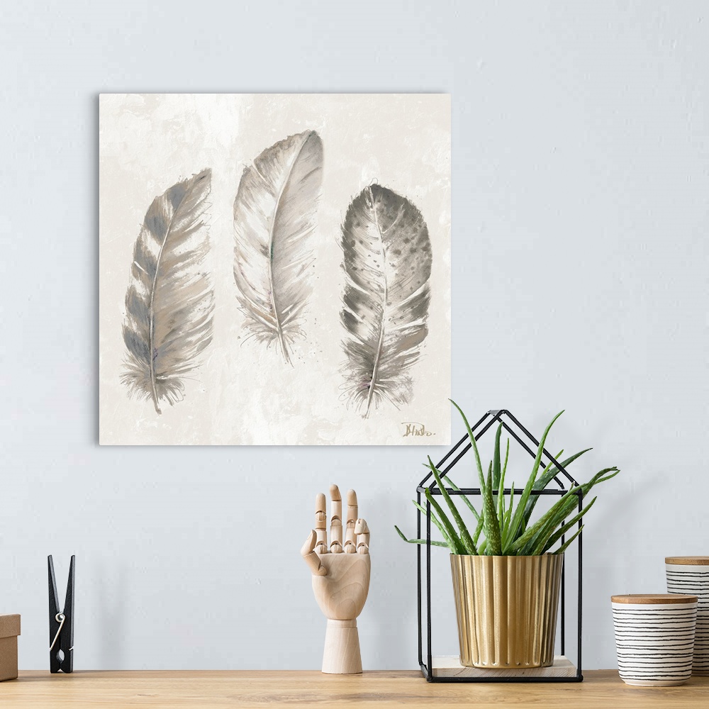 A bohemian room featuring Three feathers in shades of gray and tan.