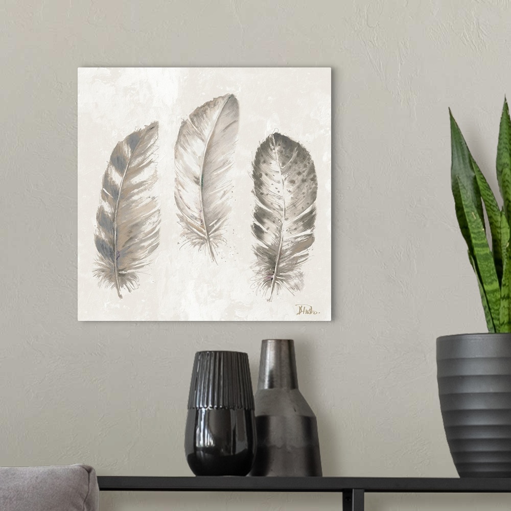 A modern room featuring Three feathers in shades of gray and tan.