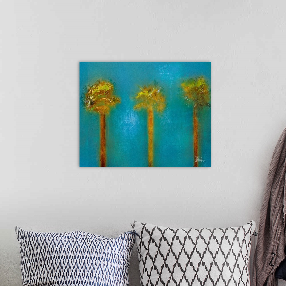 A bohemian room featuring Contemporary artwork of three palm trees standing approximately the same distance from each other...