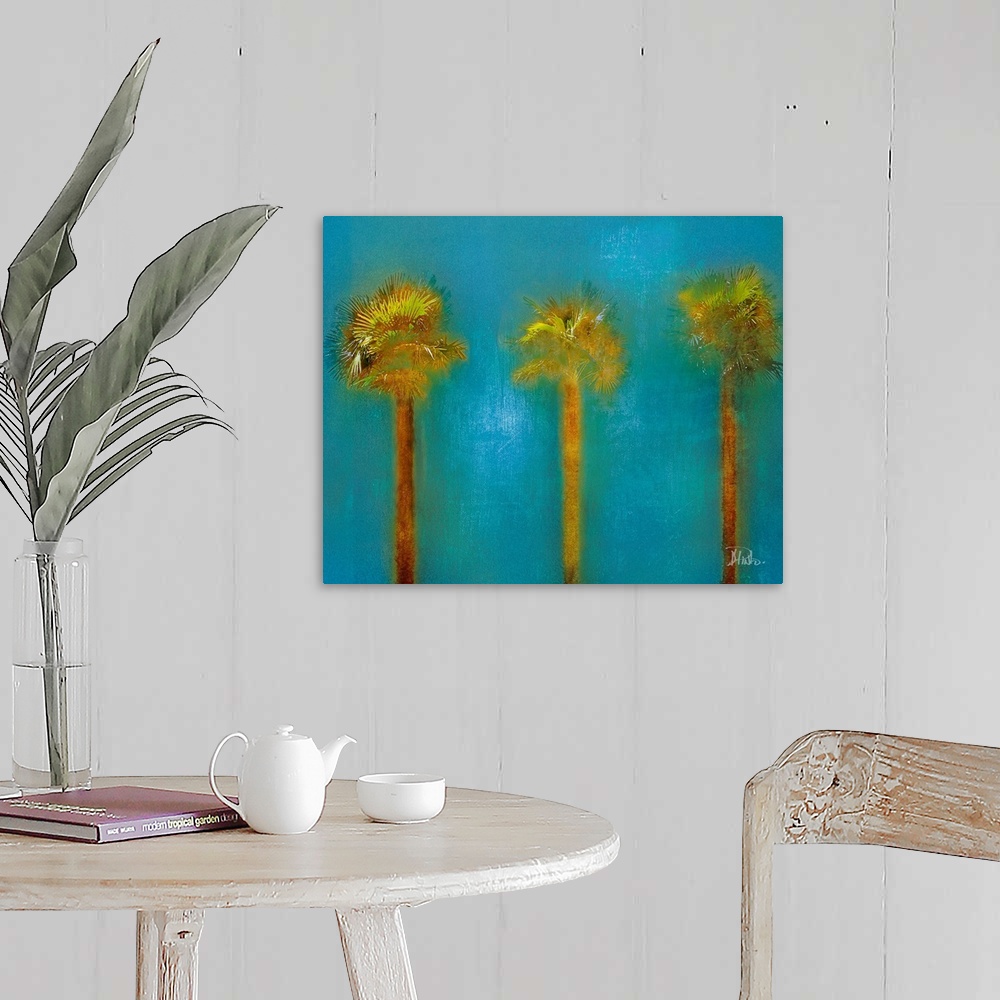 A farmhouse room featuring Contemporary artwork of three palm trees standing approximately the same distance from each other...