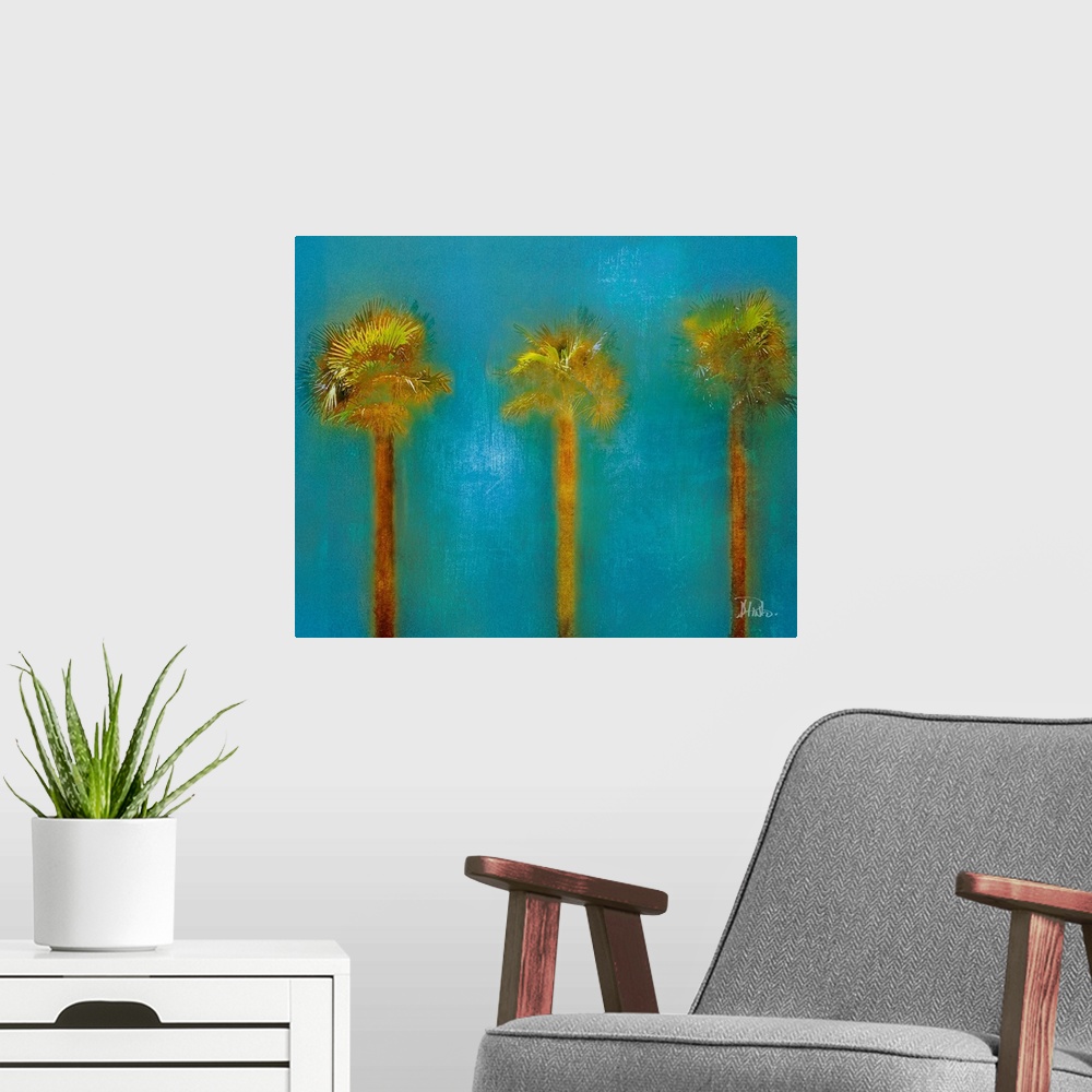 A modern room featuring Contemporary artwork of three palm trees standing approximately the same distance from each other...