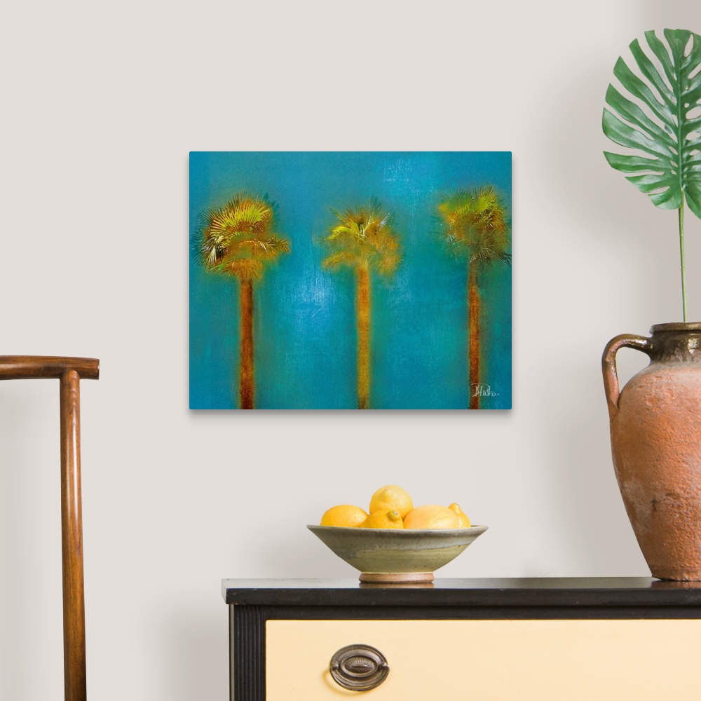 A traditional room featuring Contemporary artwork of three palm trees standing approximately the same distance from each other...