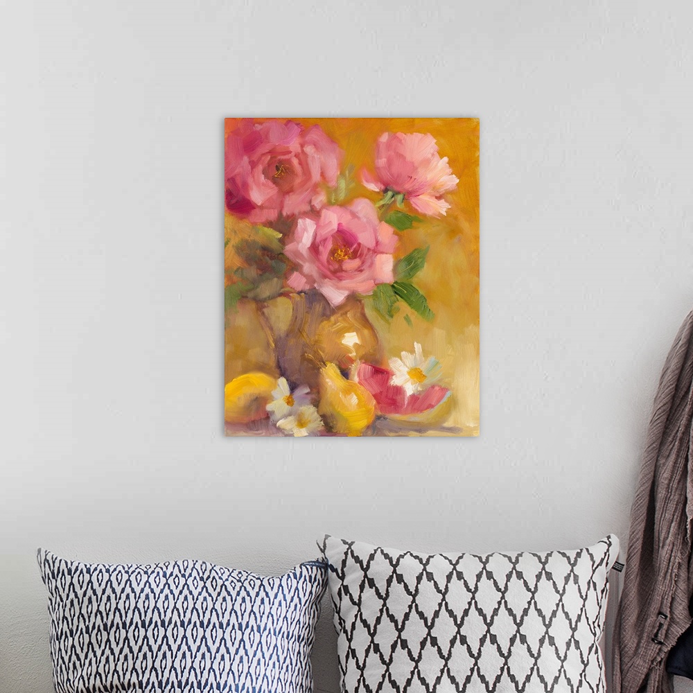 A bohemian room featuring Still life painting of three pink roses in a vase with fruit slices.