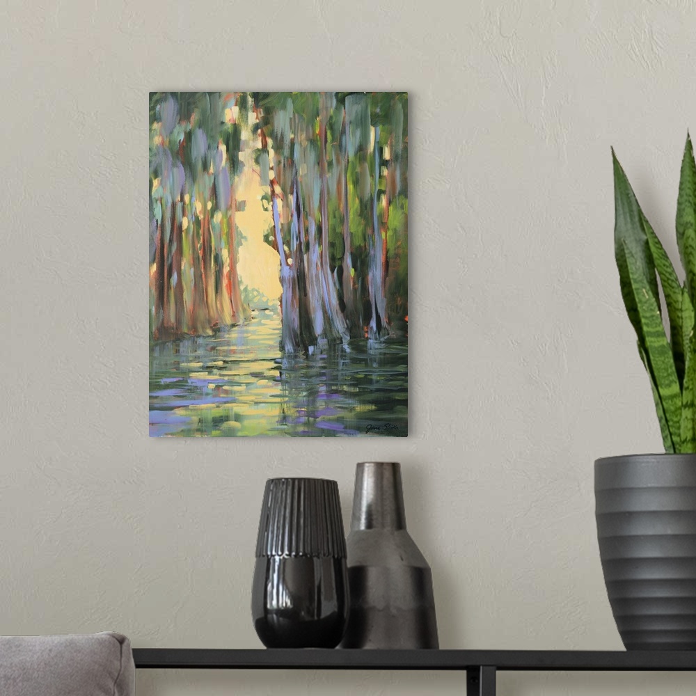 A modern room featuring Contemporary artwork of a swampy forest with golden sunlight.