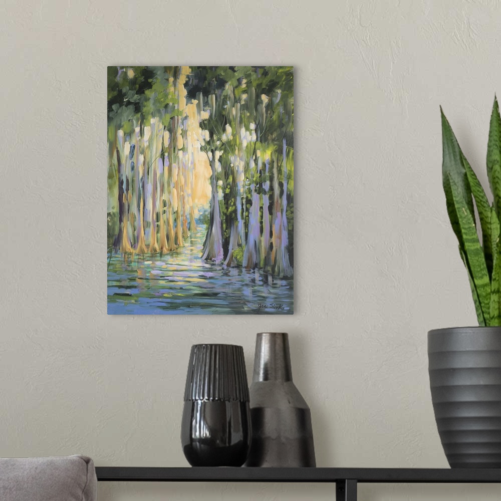 A modern room featuring Contemporary artwork of a swampy forest with golden sunlight.