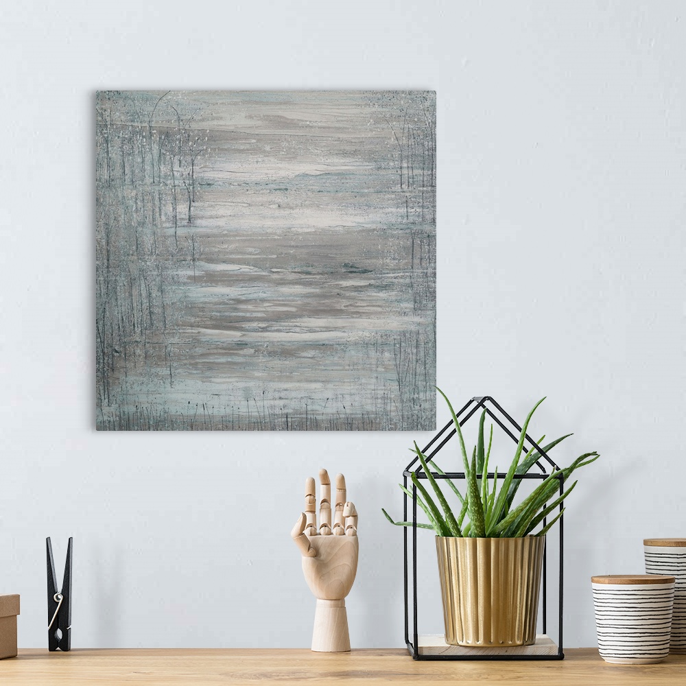A bohemian room featuring A textured abstract painting with teal and gray hues.