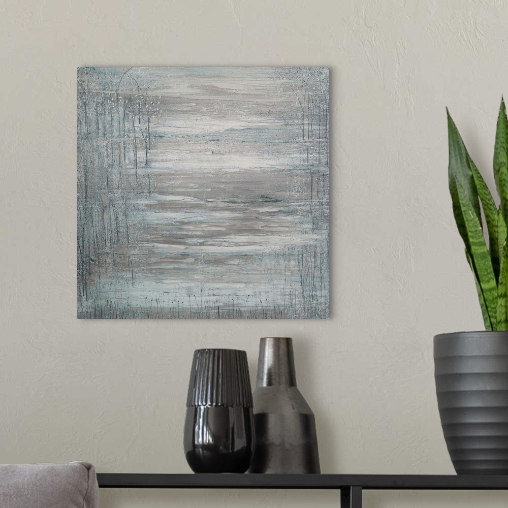 A modern room featuring A textured abstract painting with teal and gray hues.