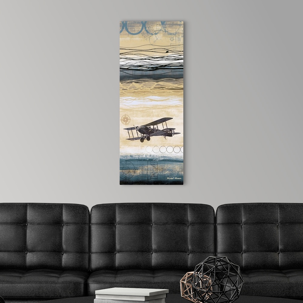 A modern room featuring This vertical piece uses mostly cooler toned designs toward the top and very bottom of the print....