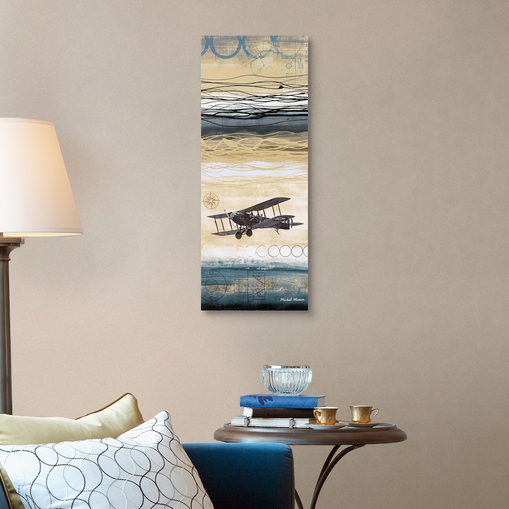 A traditional room featuring This vertical piece uses mostly cooler toned designs toward the top and very bottom of the print....
