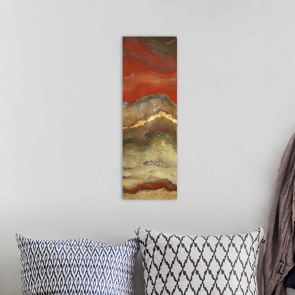 A bohemian room featuring This piece of abstract artwork has a rust like pattern with red mostly shown on top of the thin v...