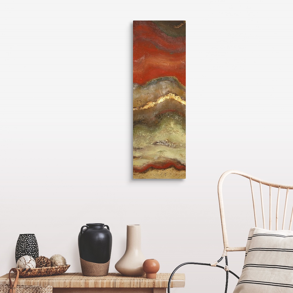 A farmhouse room featuring This piece of abstract artwork has a rust like pattern with red mostly shown on top of the thin v...