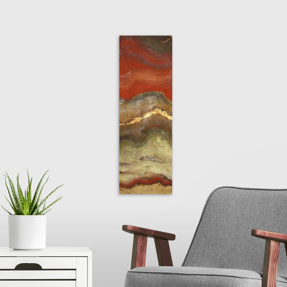 A modern room featuring This piece of abstract artwork has a rust like pattern with red mostly shown on top of the thin v...