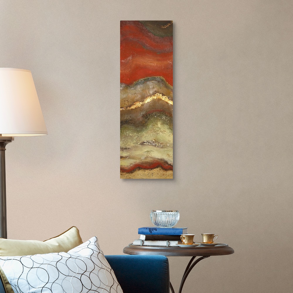 A traditional room featuring This piece of abstract artwork has a rust like pattern with red mostly shown on top of the thin v...