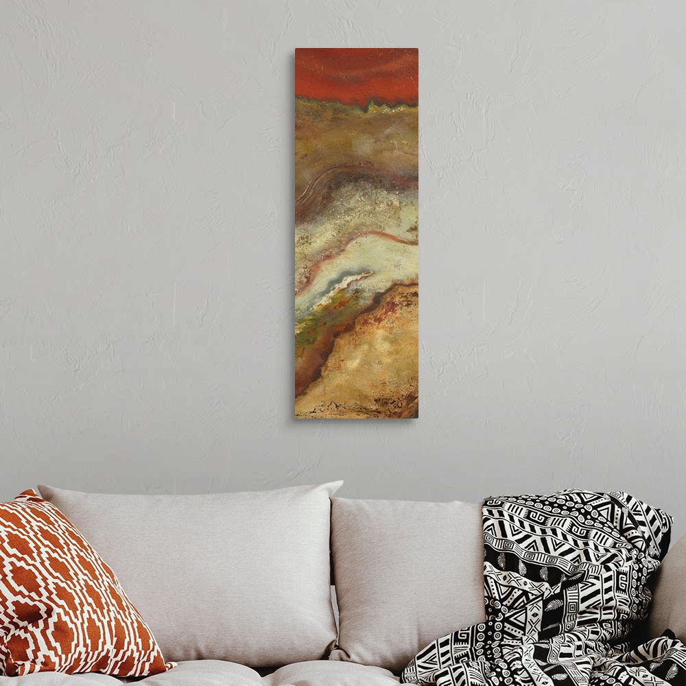 A bohemian room featuring Oversized, vertical, abstract art of jagged, horizontal layers of earth, in various earth tones, ...