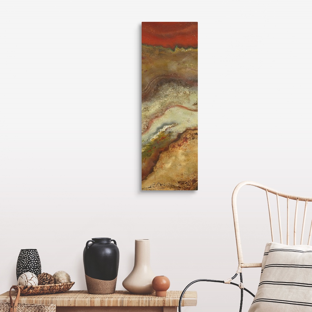 A farmhouse room featuring Oversized, vertical, abstract art of jagged, horizontal layers of earth, in various earth tones, ...