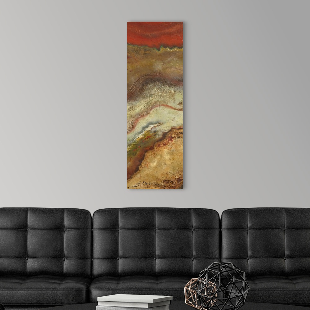 A modern room featuring Oversized, vertical, abstract art of jagged, horizontal layers of earth, in various earth tones, ...