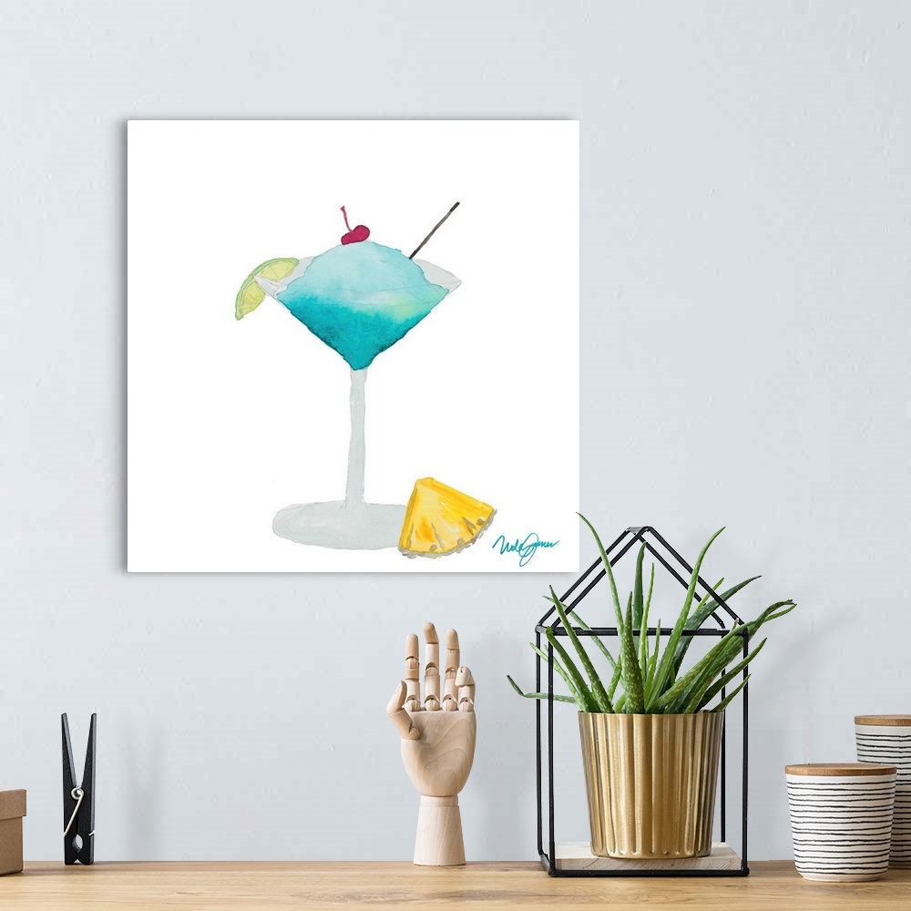 A bohemian room featuring Square watercolor painting of a tropical blue cocktail in a martini glass with a cherry on top, l...