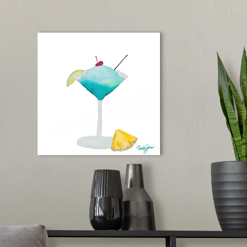 A modern room featuring Square watercolor painting of a tropical blue cocktail in a martini glass with a cherry on top, l...
