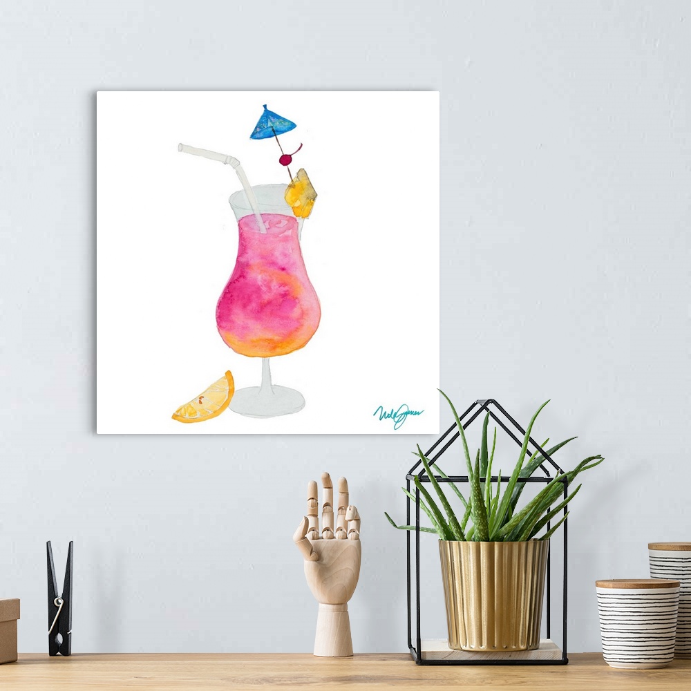 A bohemian room featuring Square watercolor painting of a tropical pink and orange cocktail in a daiquiri glass with a drin...