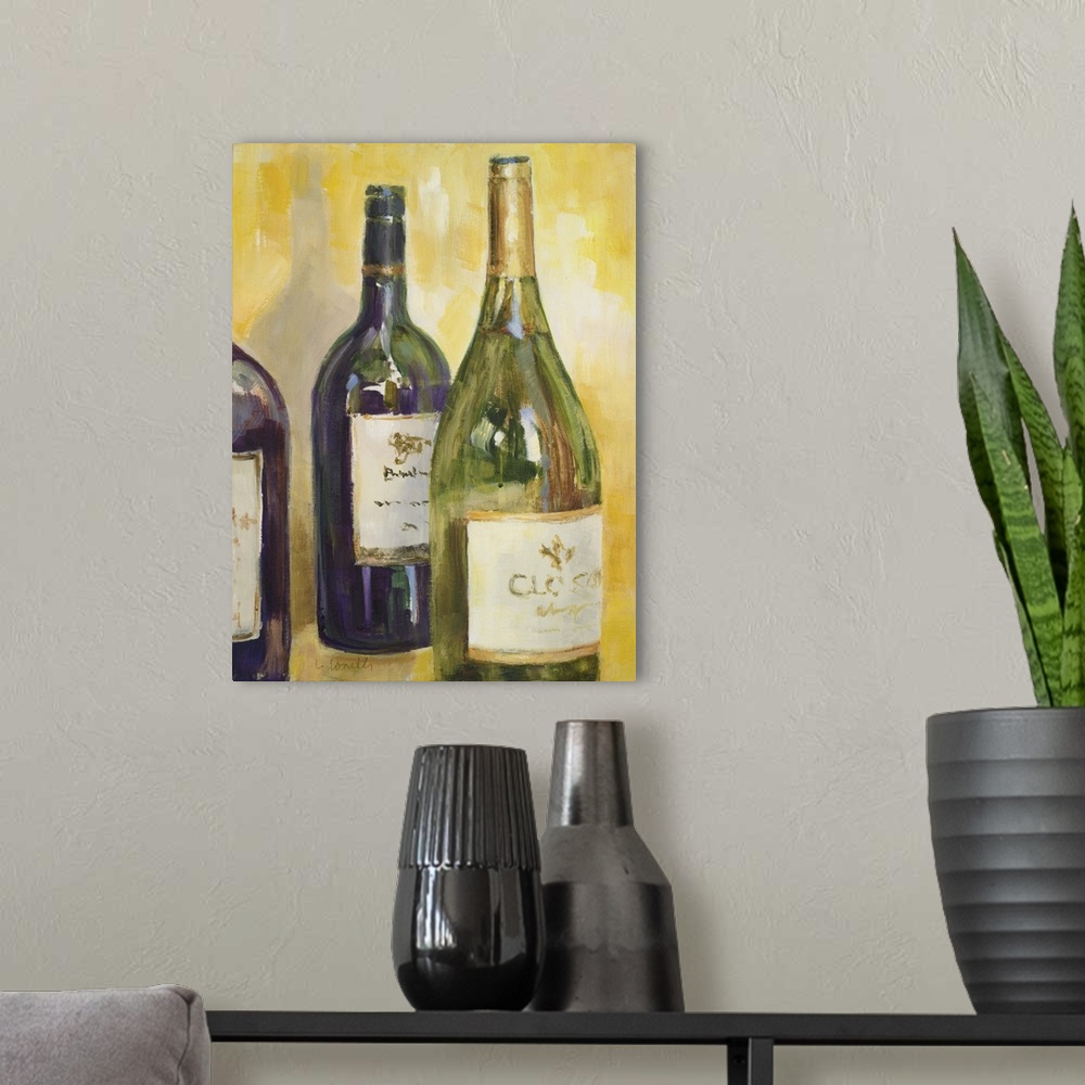 A modern room featuring Still life painting of glass red and white wine bottles.