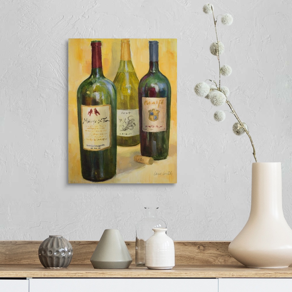 A farmhouse room featuring Still life painting of glass red and white wine bottles.