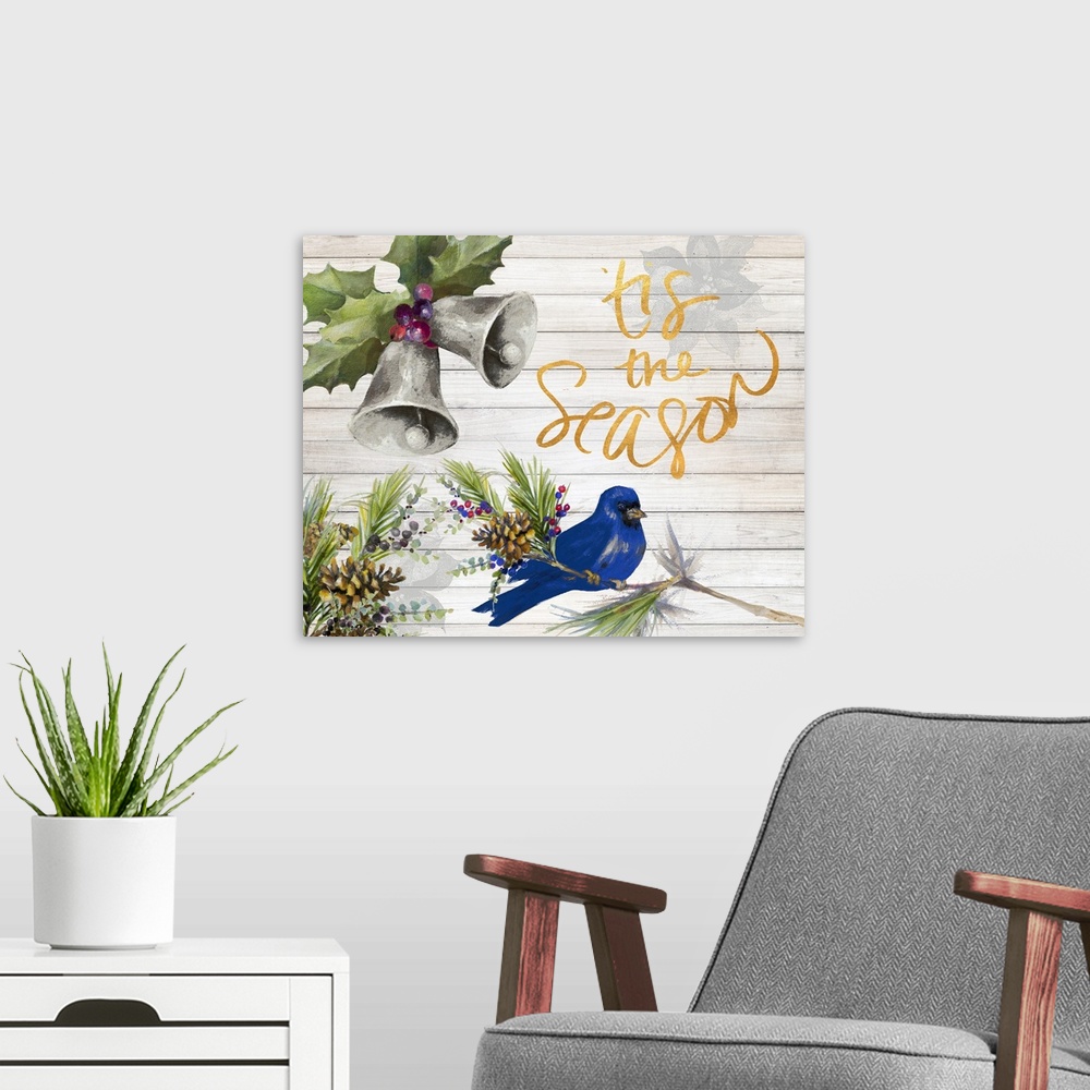 A modern room featuring "Tis the Season" with watercolor bells and a blue bird on a white wood panel background.