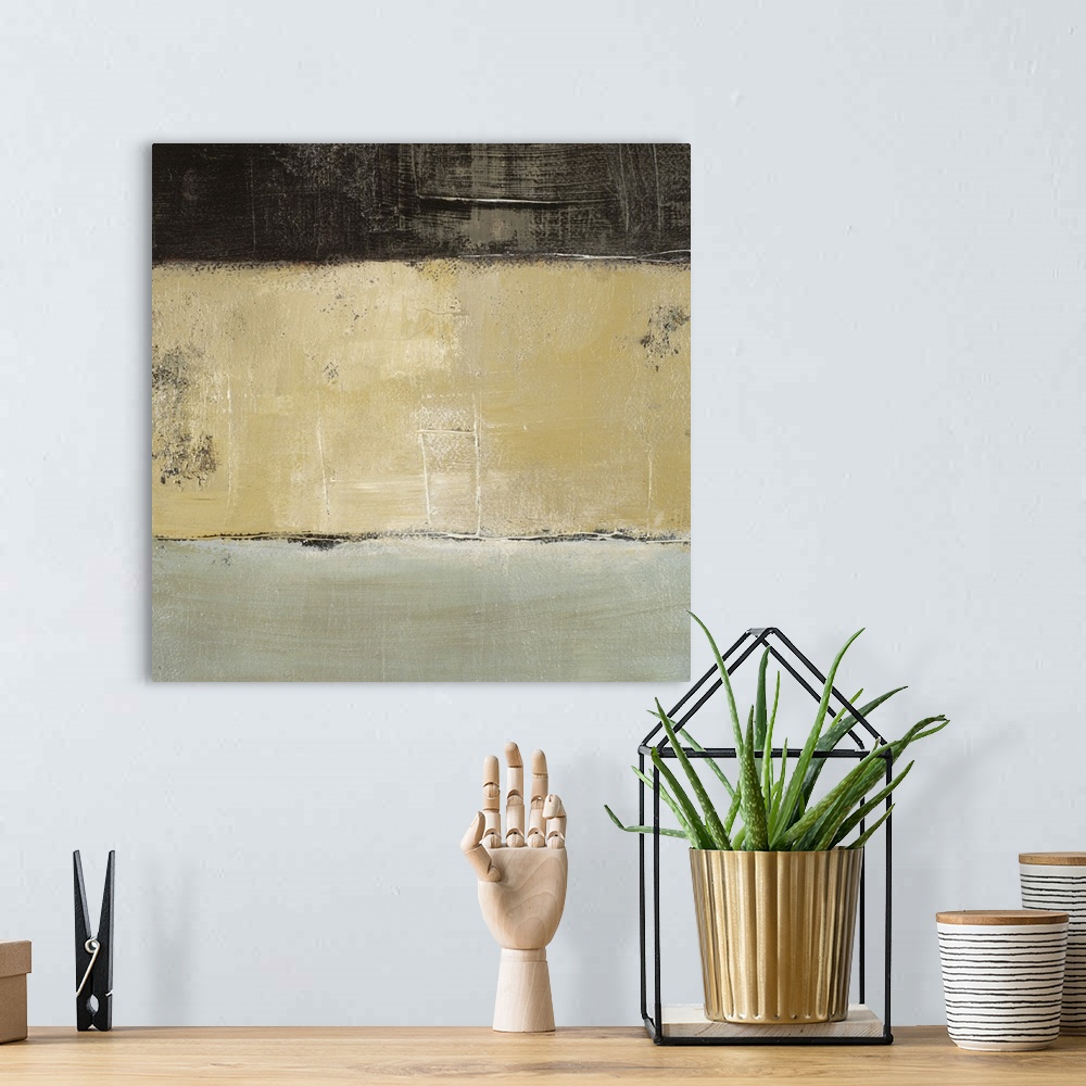 A bohemian room featuring This is a square abstract painting by a contemporary artist made with three stripes of neutral co...