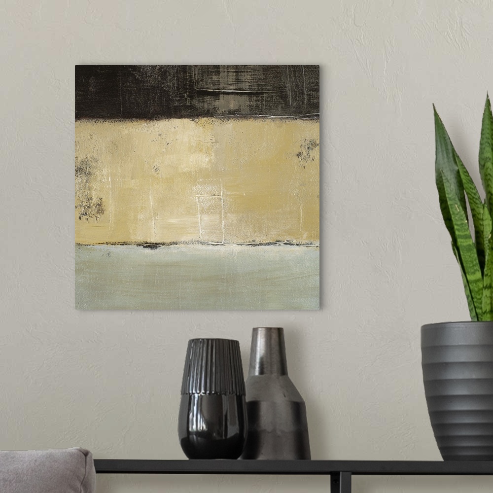A modern room featuring This is a square abstract painting by a contemporary artist made with three stripes of neutral co...