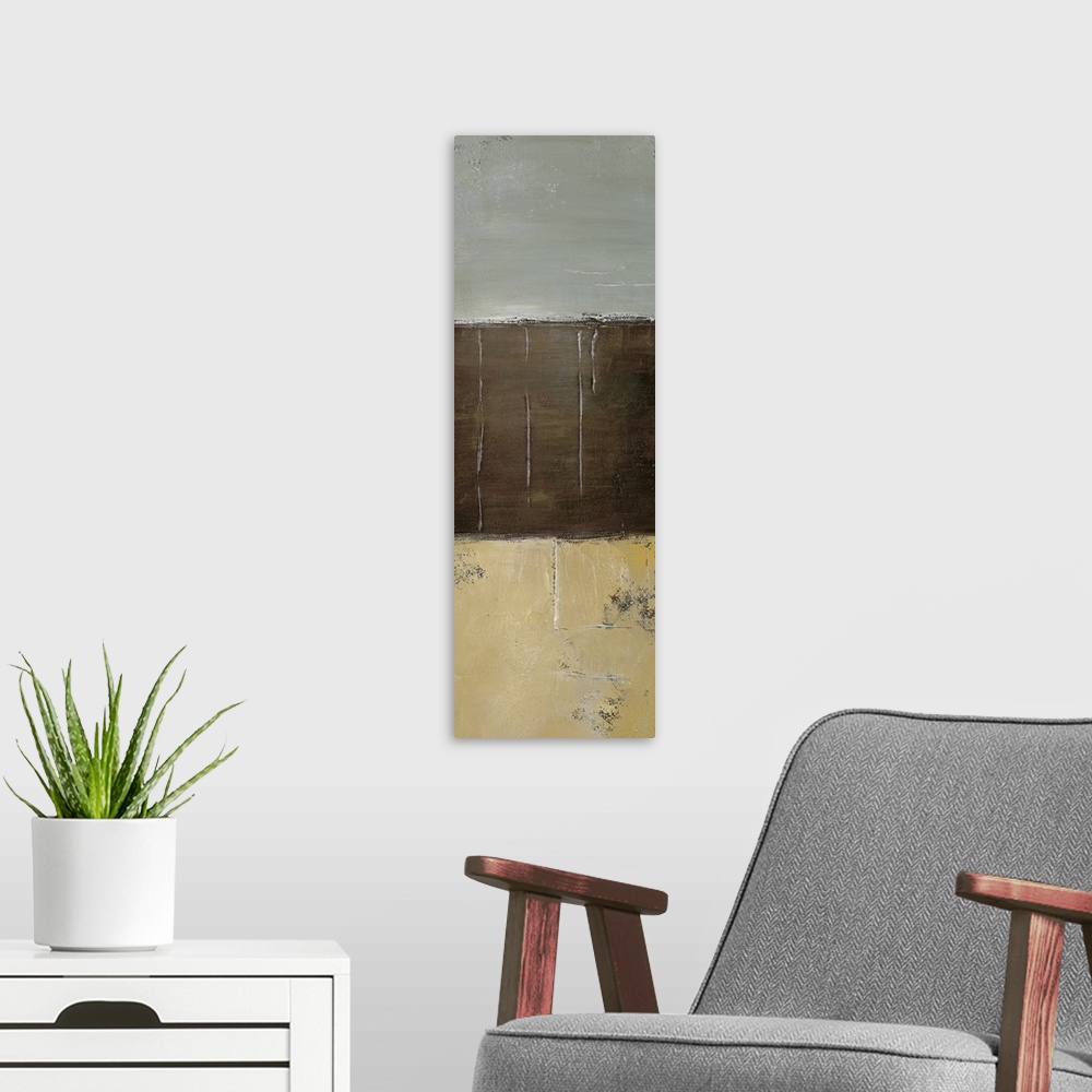 A modern room featuring This is artwork by a contemporary artist of a narrow vertical painting of three different colors ...