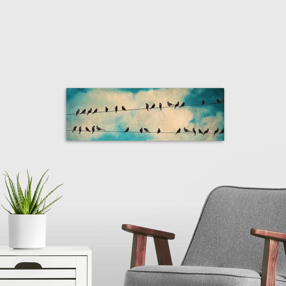 A modern room featuring Silhouettes of birds perched on two power lines against the clouds.