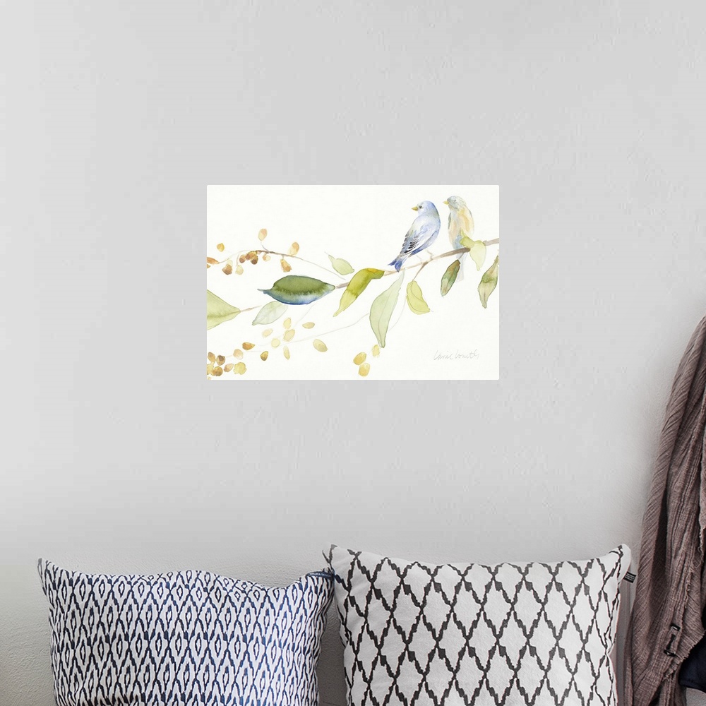 A bohemian room featuring Watercolor painting of two birds perched on a branch with green and blue leaves and orange flower...