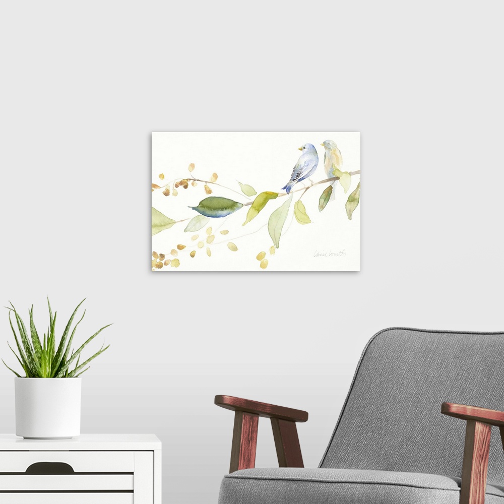 A modern room featuring Watercolor painting of two birds perched on a branch with green and blue leaves and orange flower...