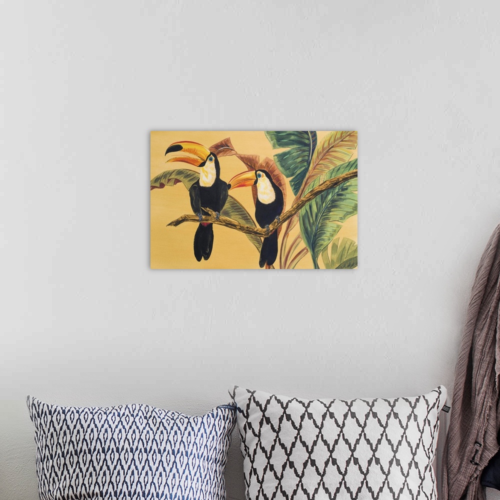 A bohemian room featuring Contemporary artwork of toucans perched on a branch.