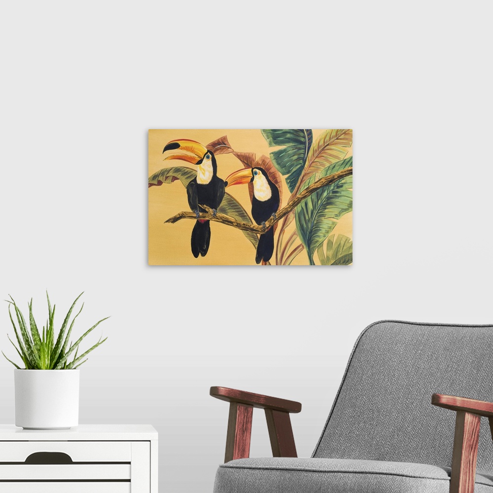 A modern room featuring Contemporary artwork of toucans perched on a branch.