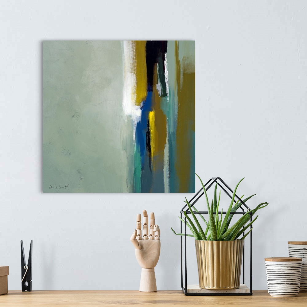 A bohemian room featuring Square abstract painted canvas with large brush strokes.