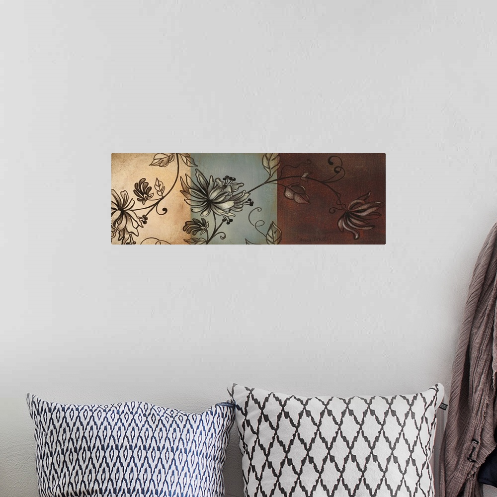 A bohemian room featuring Panoramic contemporary painting of branches of flowers on a 3 panel color display.