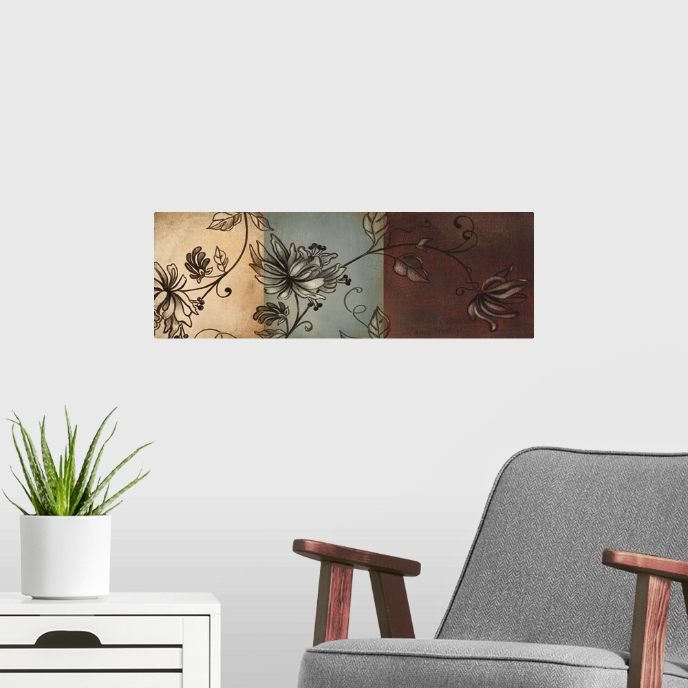 A modern room featuring Panoramic contemporary painting of branches of flowers on a 3 panel color display.