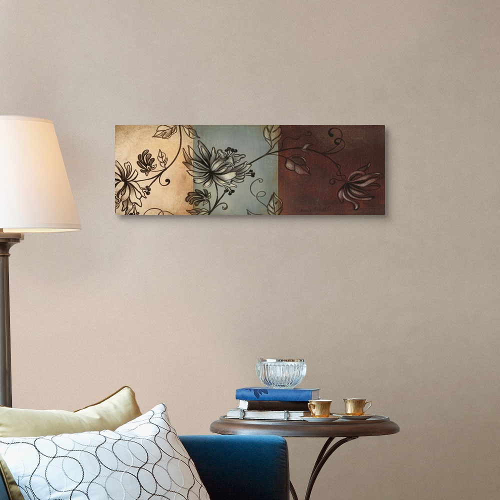 A traditional room featuring Panoramic contemporary painting of branches of flowers on a 3 panel color display.