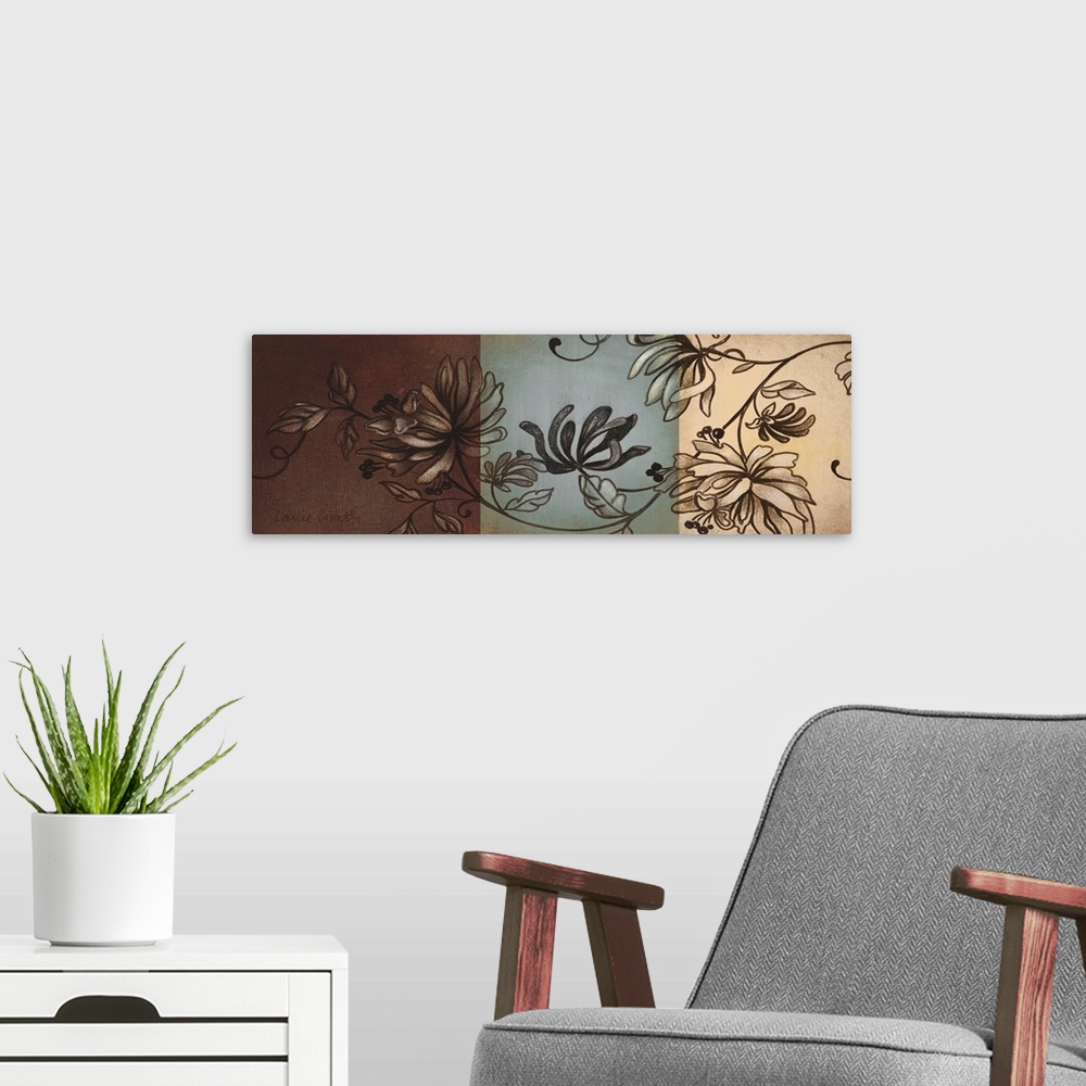 A modern room featuring Panoramic painting of decorative floral design with geometric background made of squares.