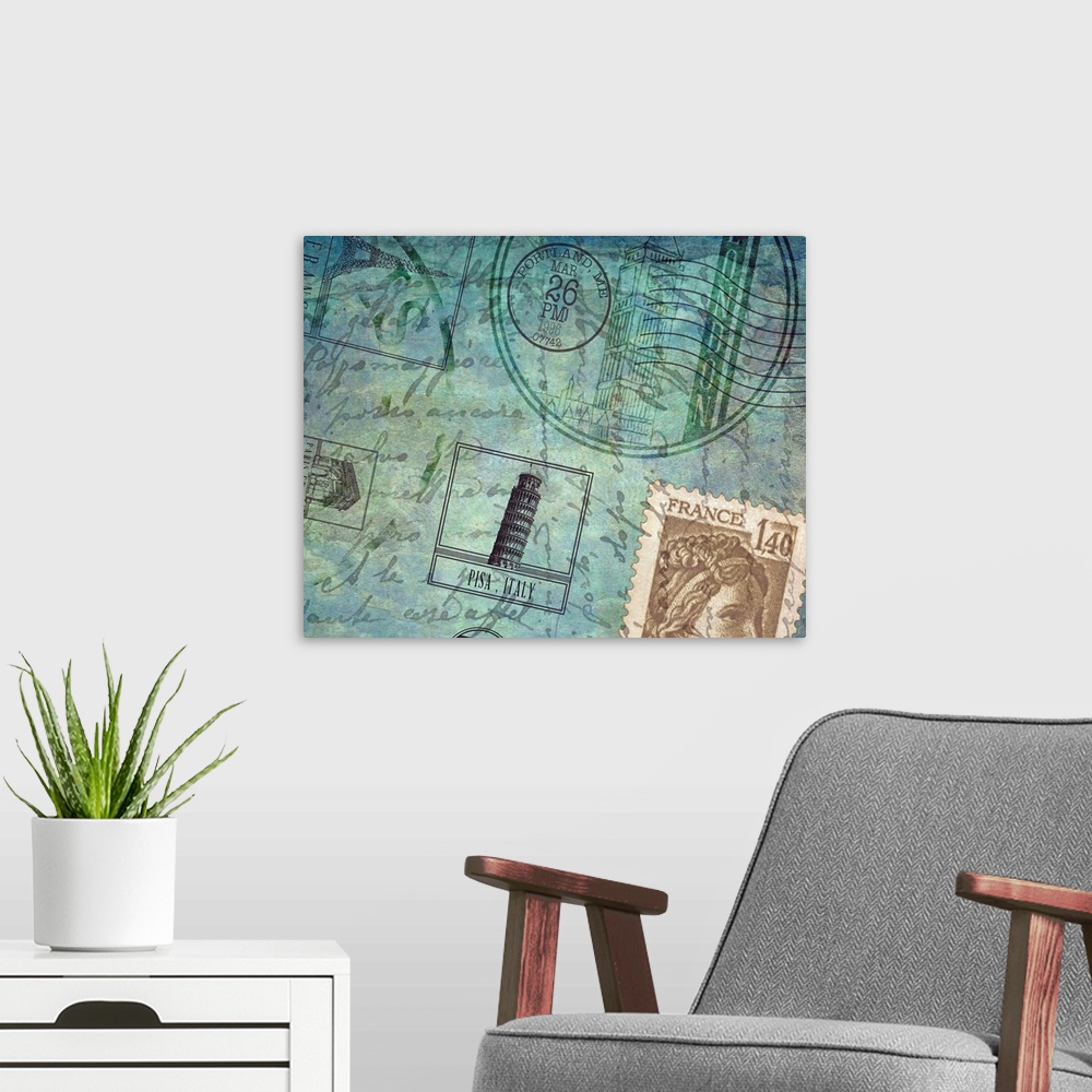 A modern room featuring Travel Collage IV