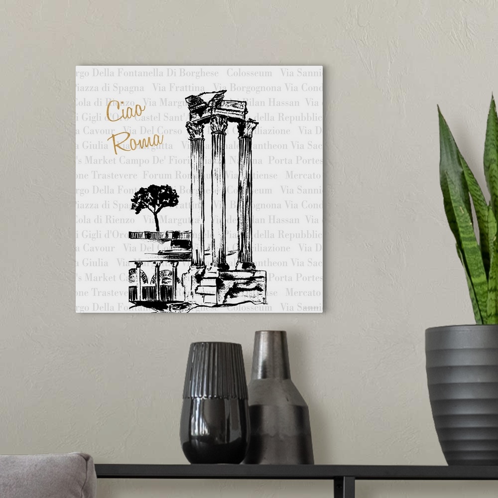 A modern room featuring Gold script with an illustration of Roman ruins.