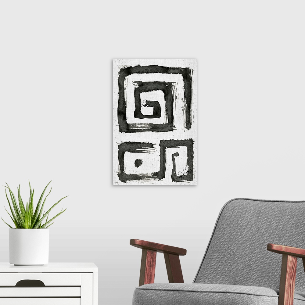 A modern room featuring Black and white abstract painting of boxy tribal swirls.