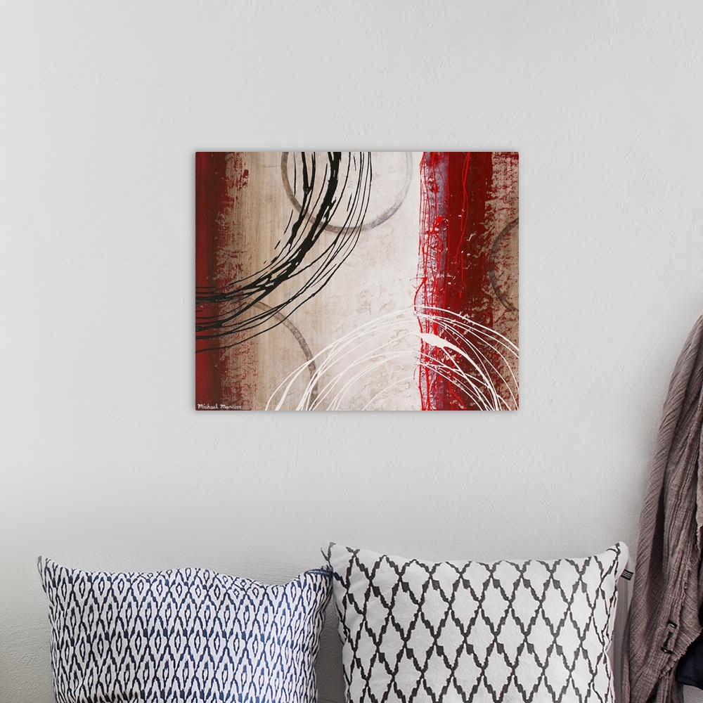 A bohemian room featuring Big abstract art includes a variety of vertical rectangles with textured sides and warm tones sit...