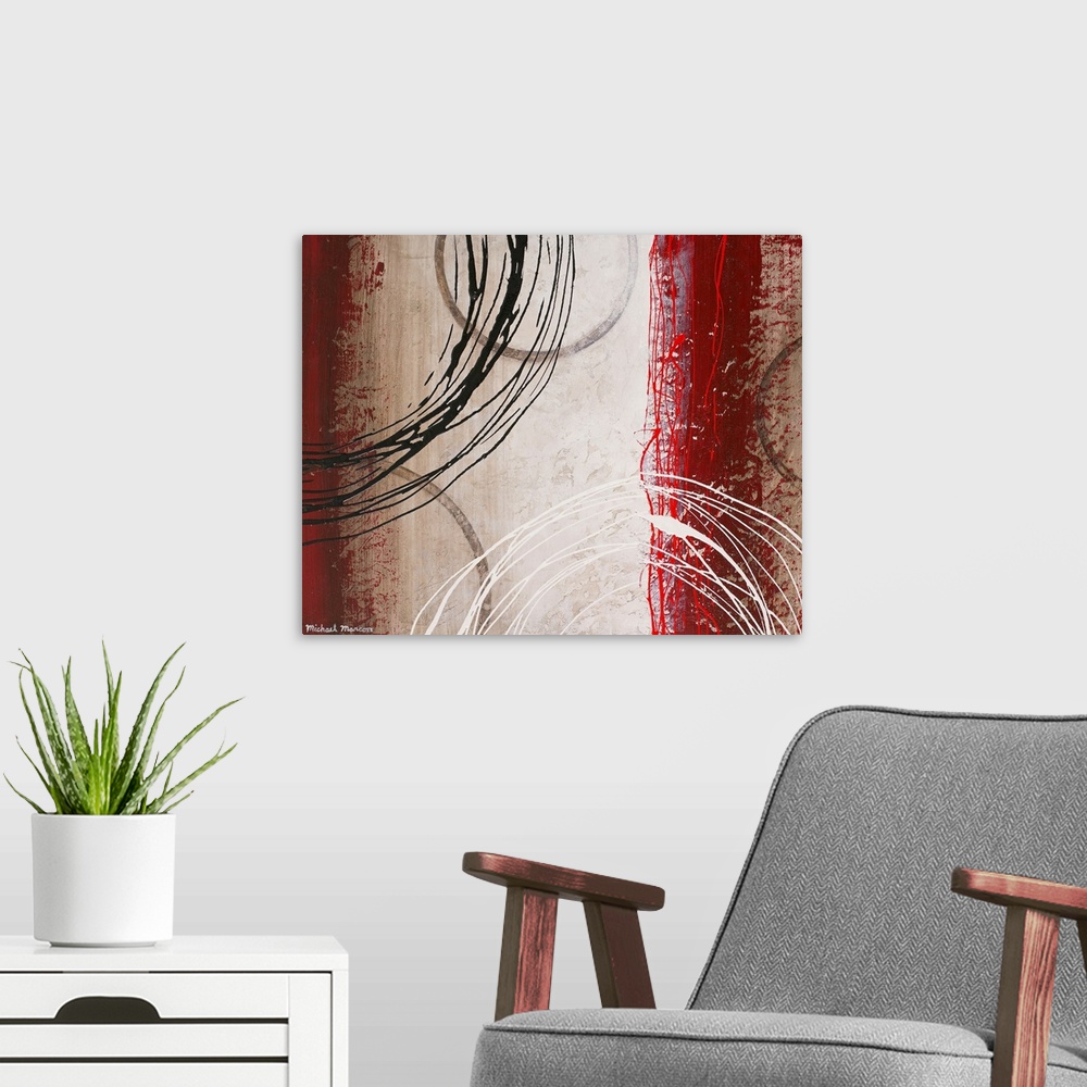 A modern room featuring Big abstract art includes a variety of vertical rectangles with textured sides and warm tones sit...