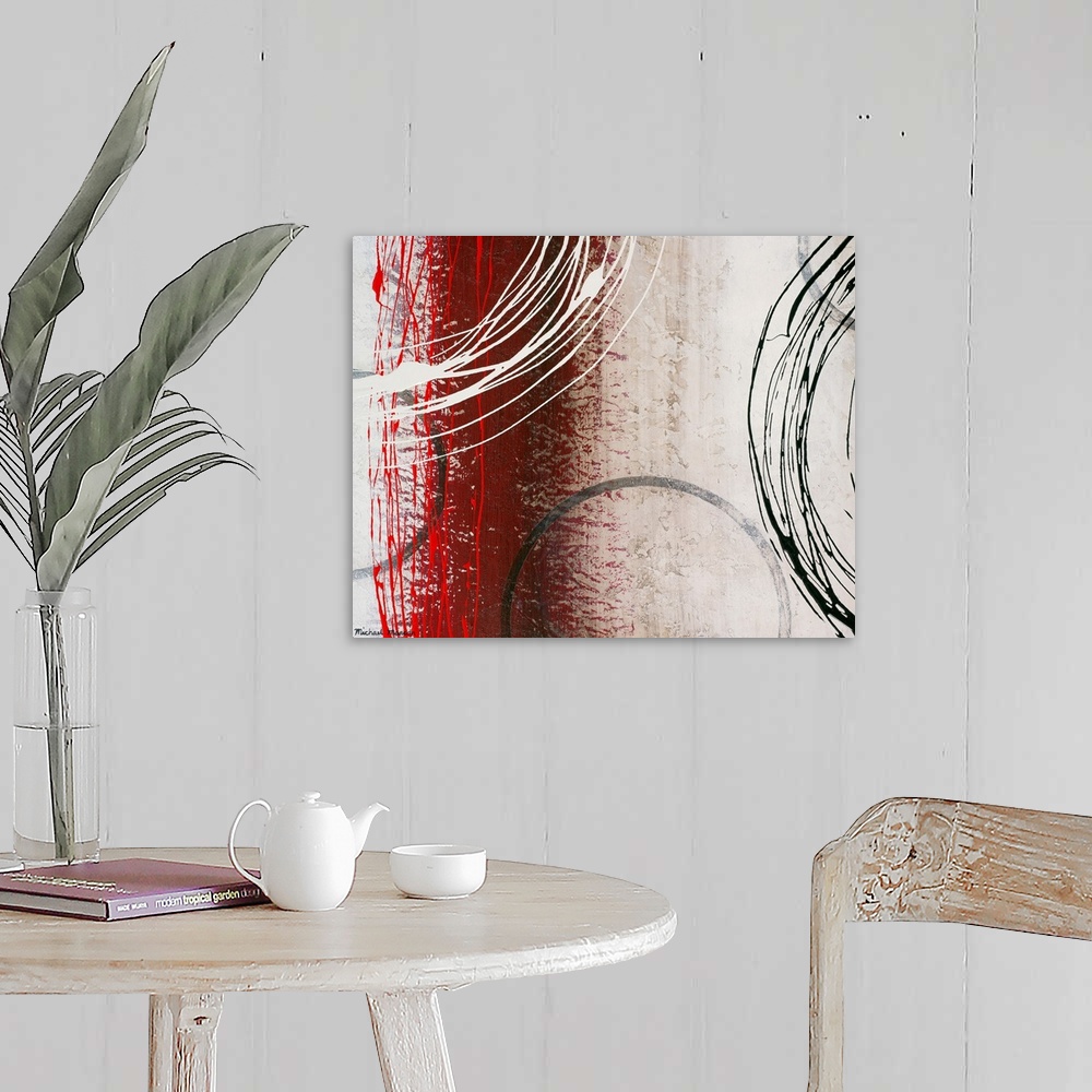 A farmhouse room featuring Abstract painting of  overlapping circles and lines.  The background has distressed vertical band...